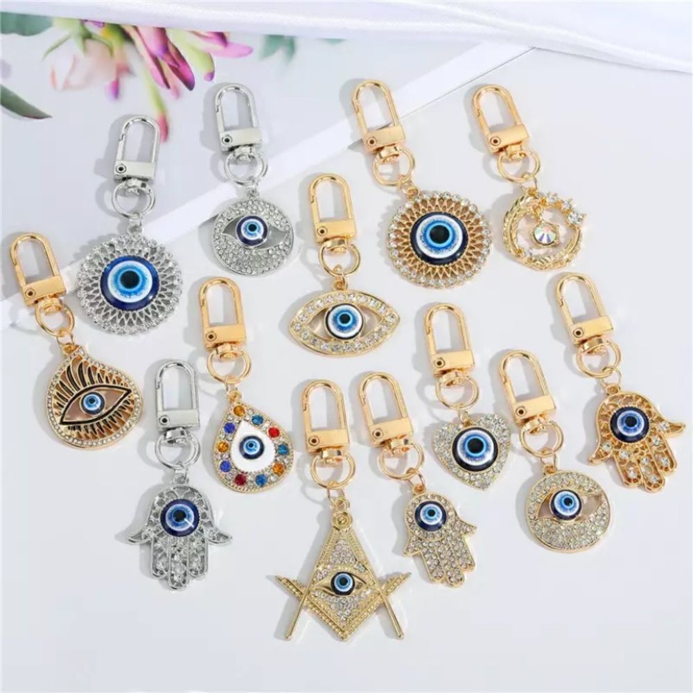 Round Evil Eye Keychain Key Ring Rhinestone Zinc Alloy Silver or Gold Color